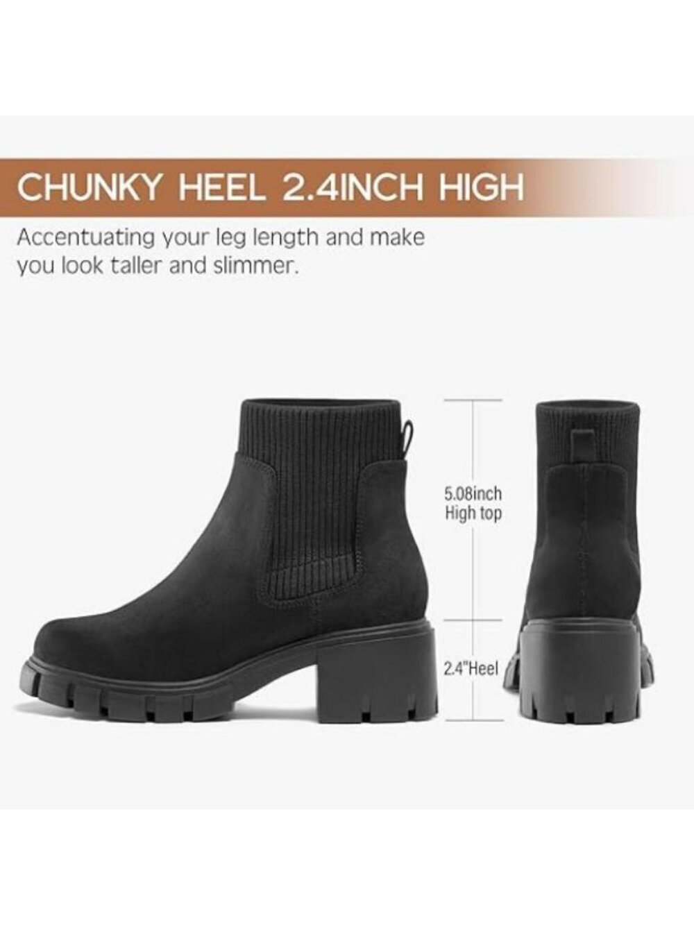 Women's Ankle Boots Chelsea Mid Heel Elastic Chunky Heel Lug Sole Black Suede - Picture 4 of 5